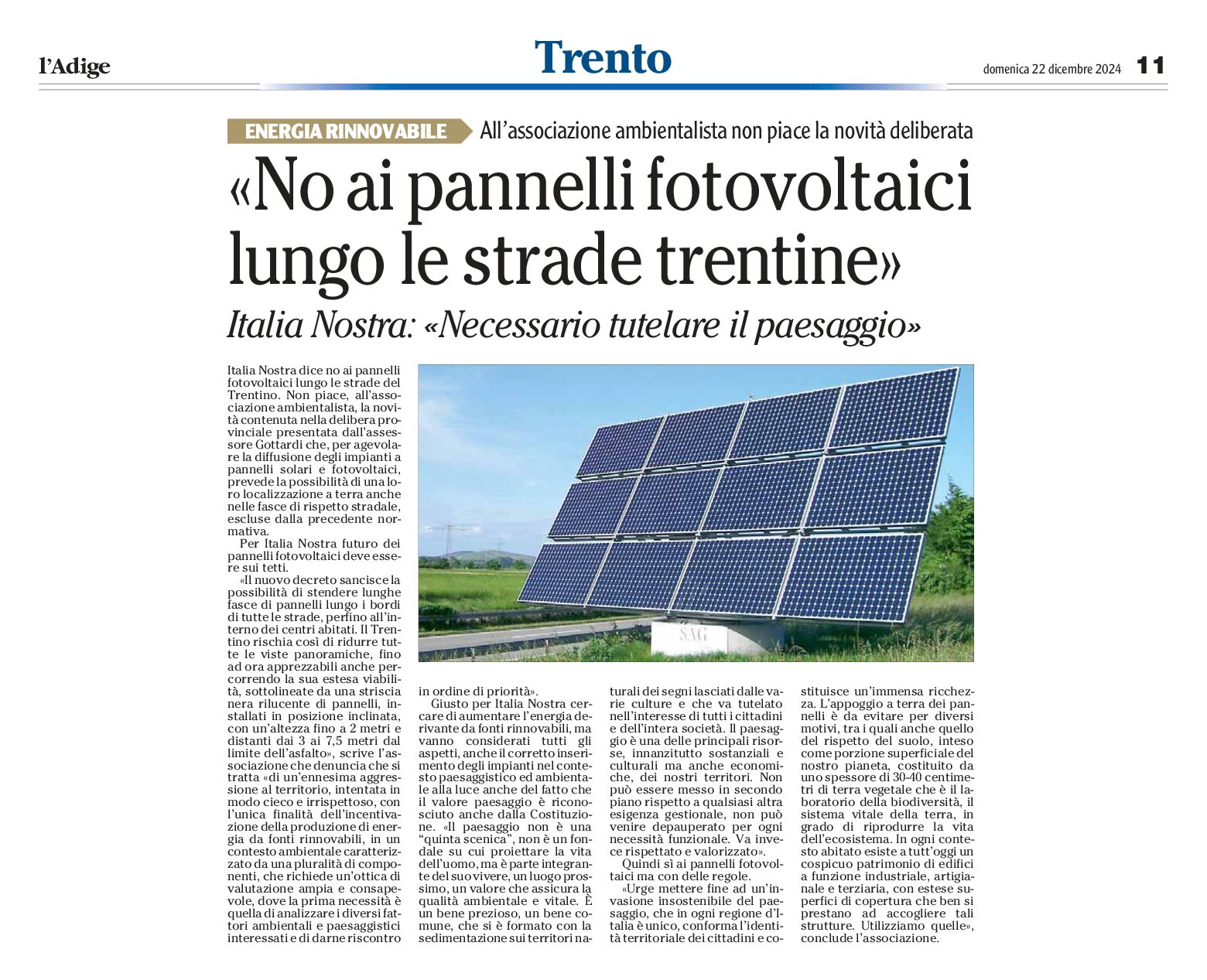 Italia Nostra: no ai pannelli fotovoltaici lungo le strade trentine