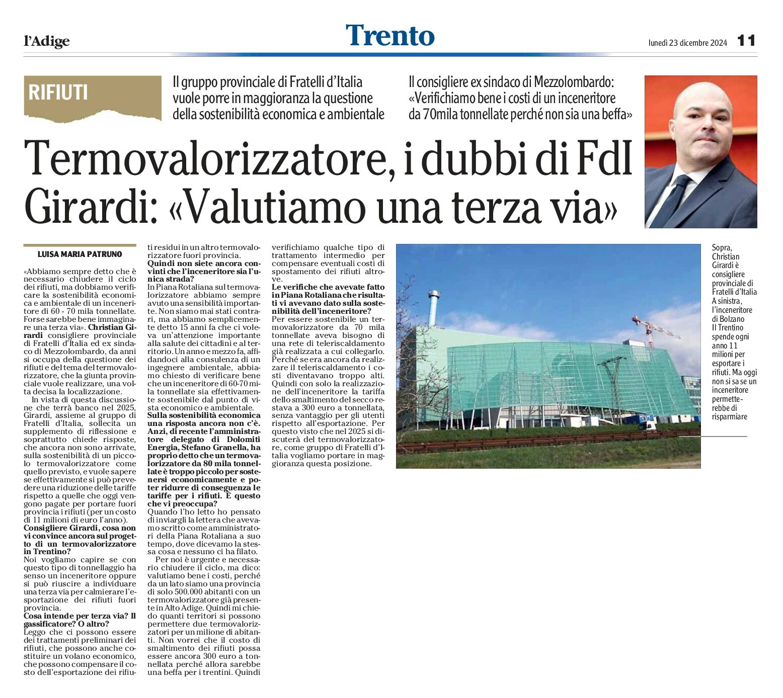 Termovalorizzatore: FdI Girardi “valutiamo una terza via”