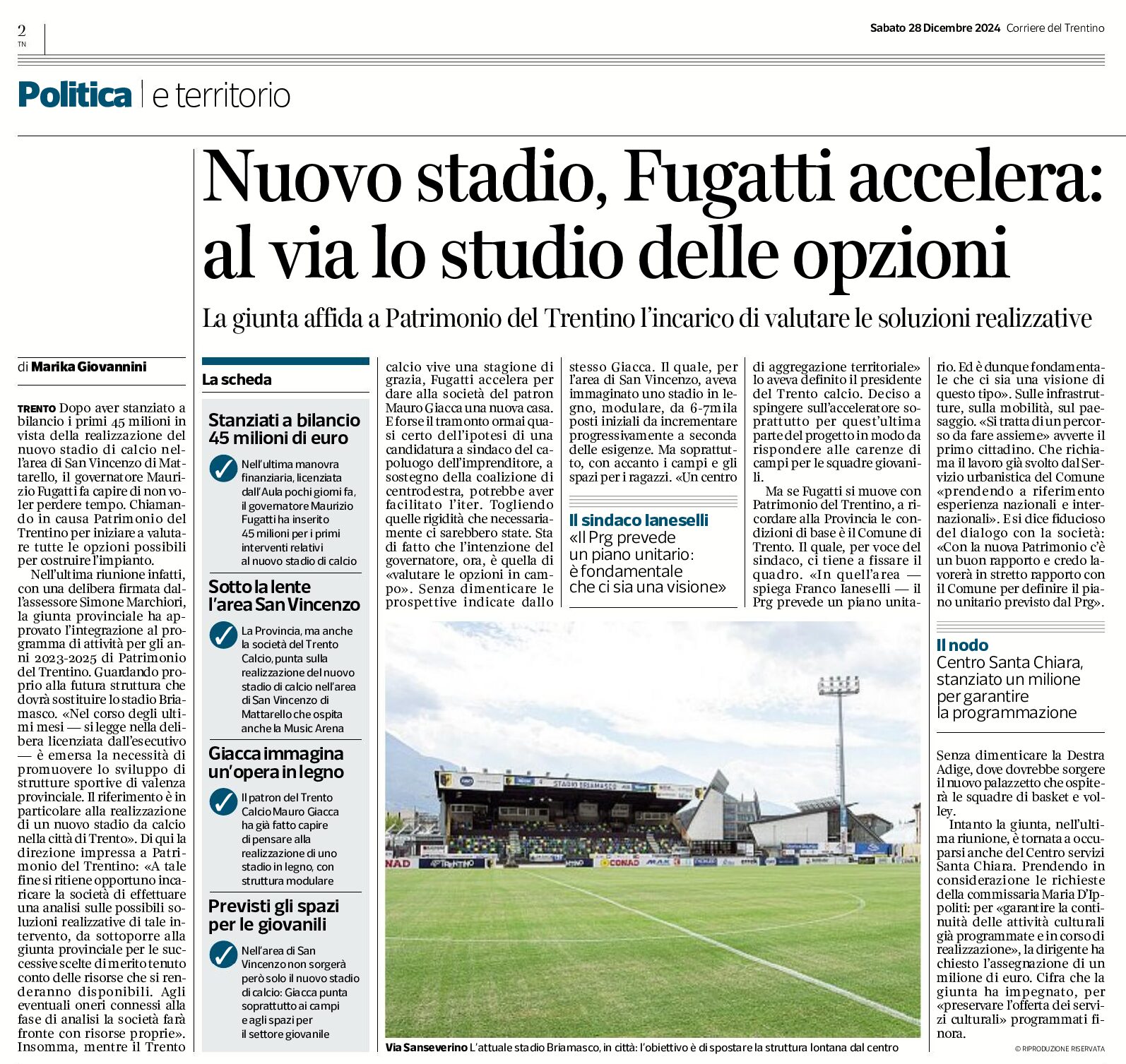 Trento, nuovo stadio: Fugatti accelera