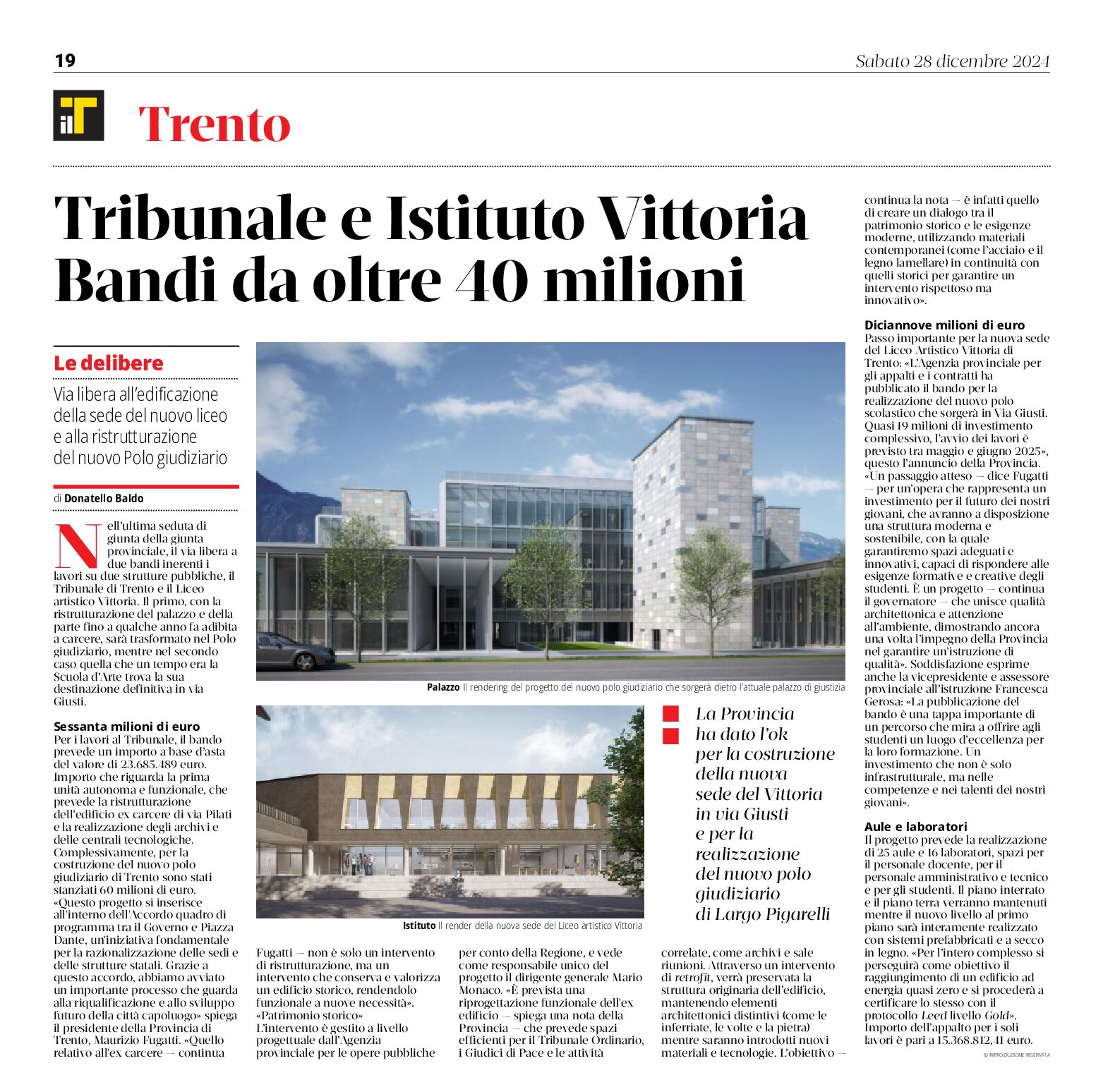 Trento: Tribunale e Istituto Vittoria, bandi da oltre 40 milioni