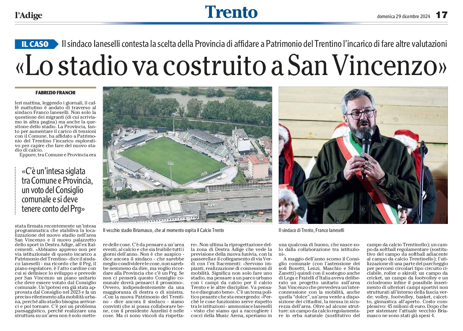 Trento: il sindaco Ianeselli “lo stadio va costruito a San Vincenzo”