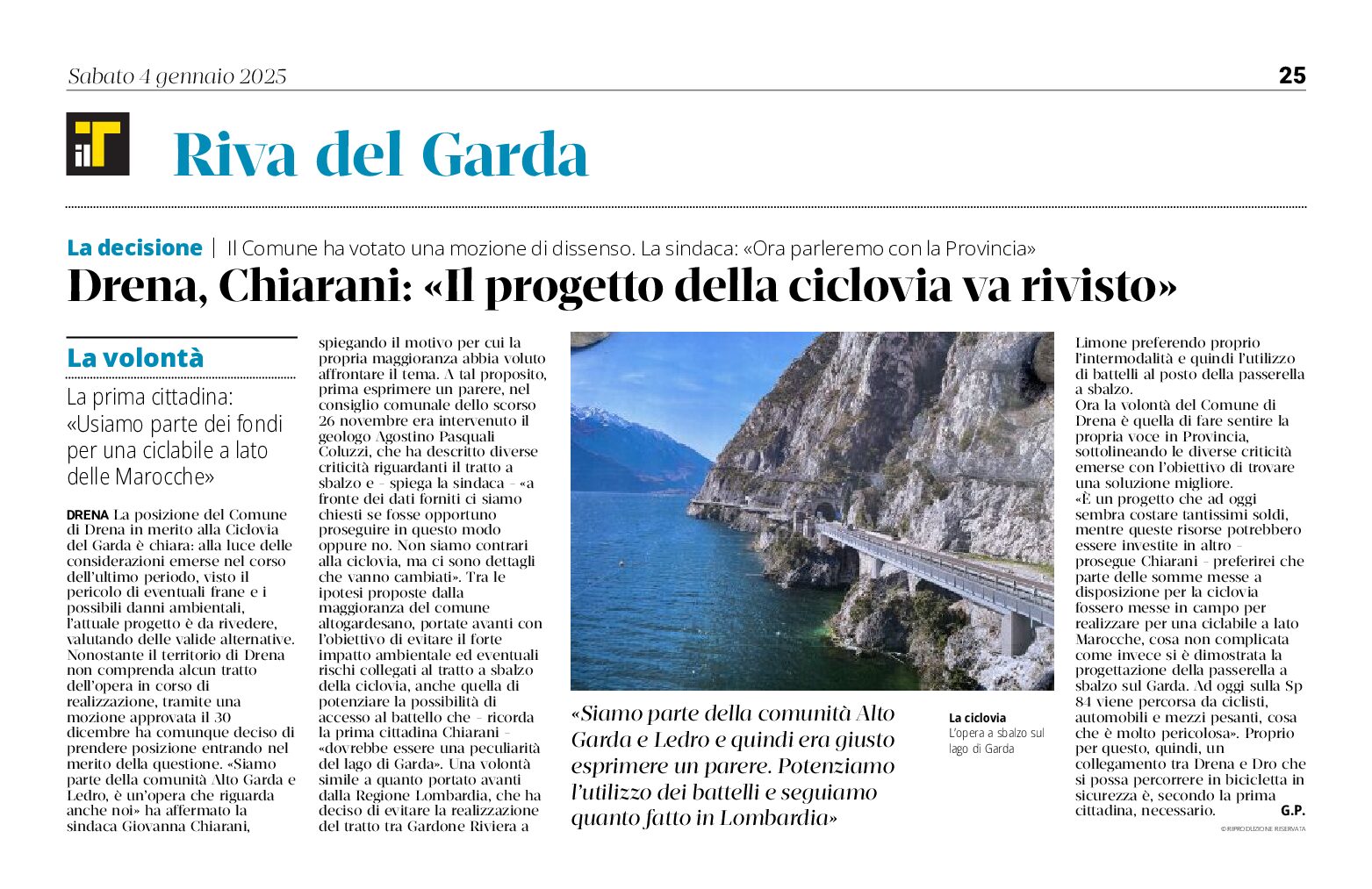 Drena: Chiarani “il progetto della ciclovia va rivisto”