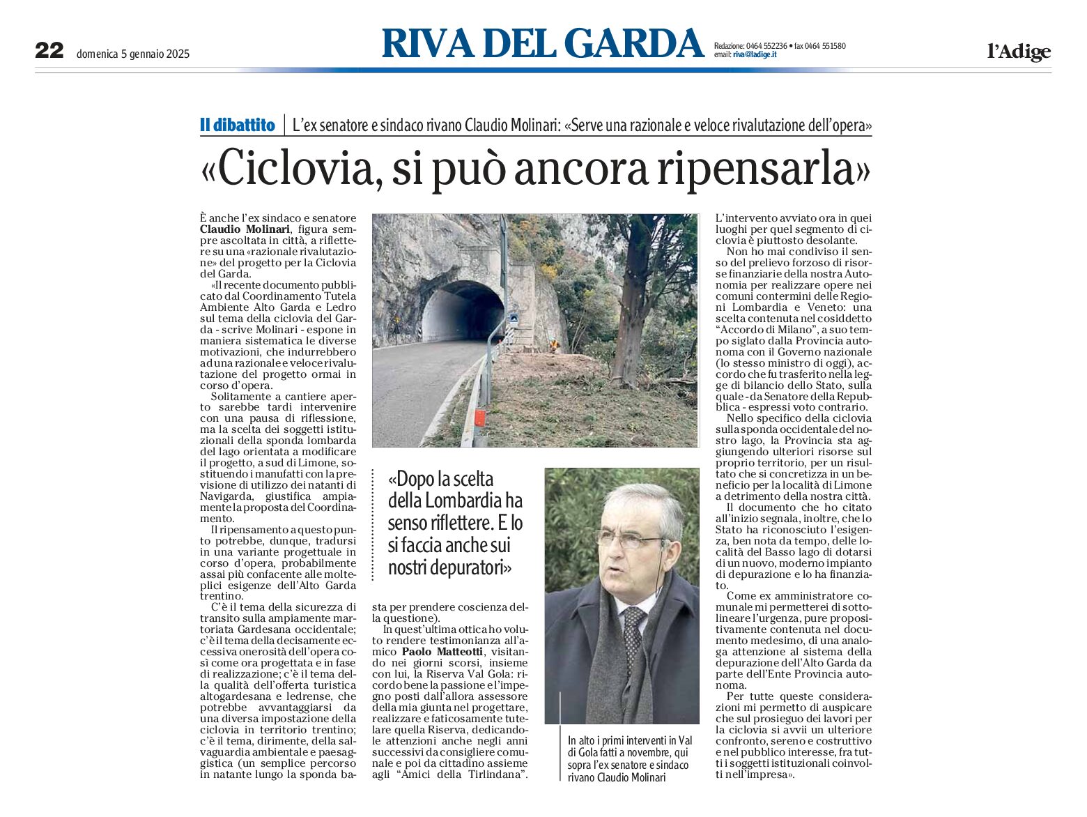 Ciclovia del Garda: Molinari “si può ancora ripensarla”