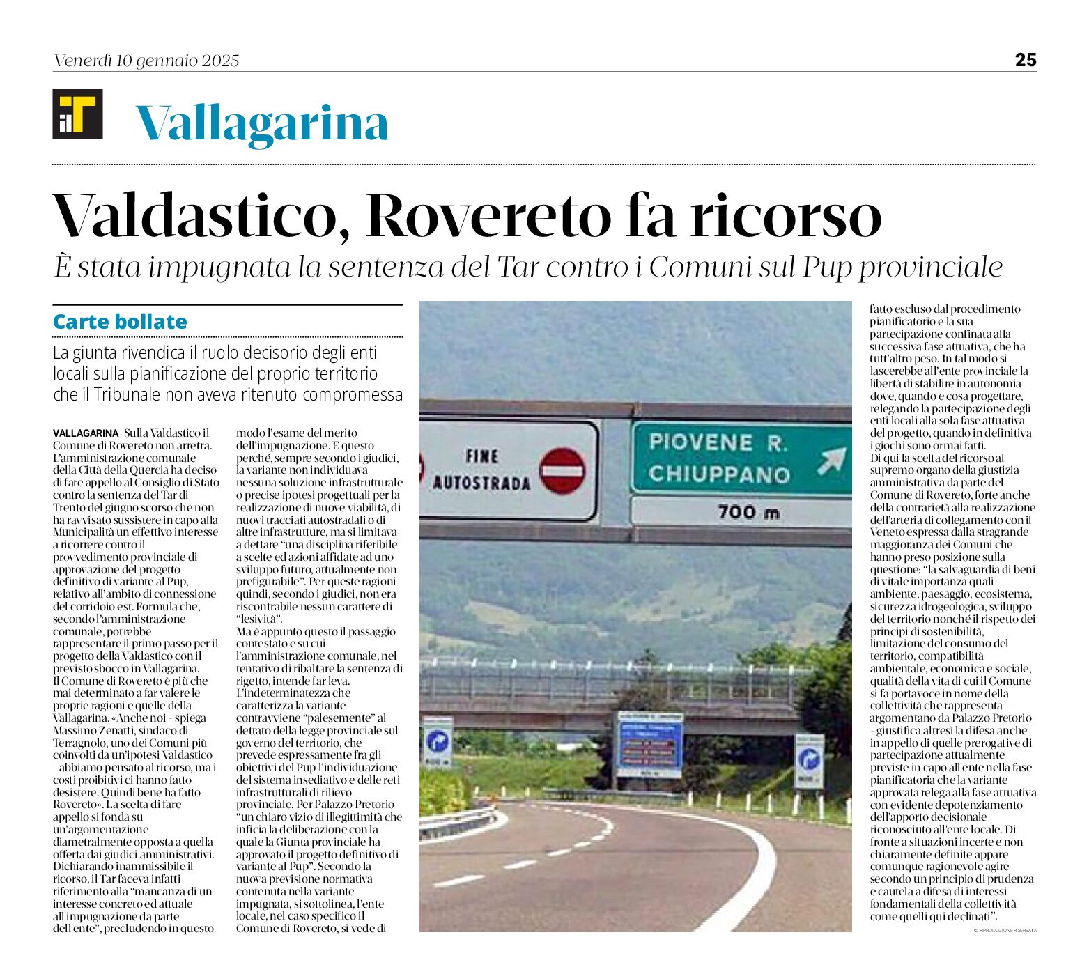 Valdastico: Rovereto fa ricorso