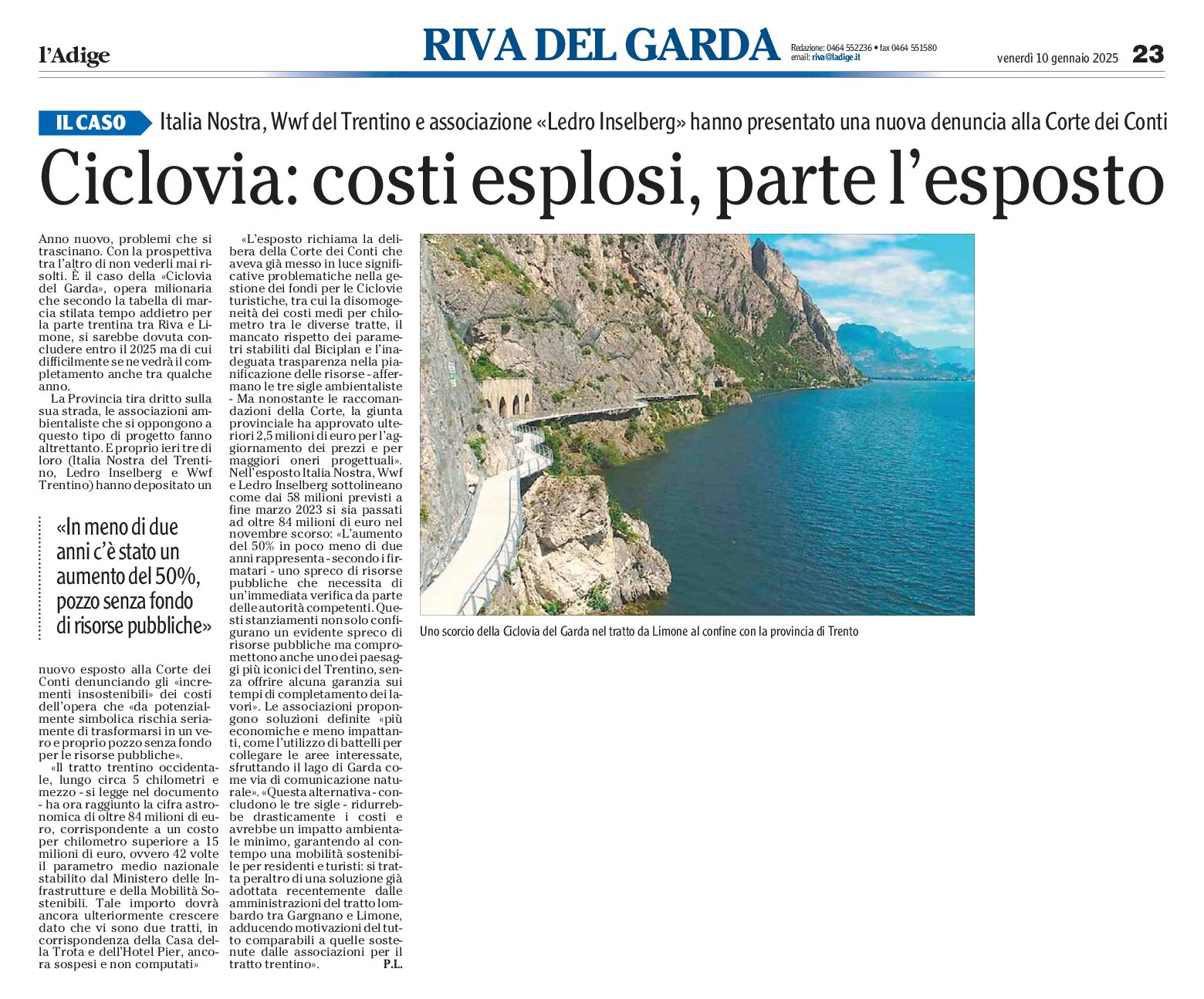 Ciclovia del Garda: costi esplosi, parte l’esposto