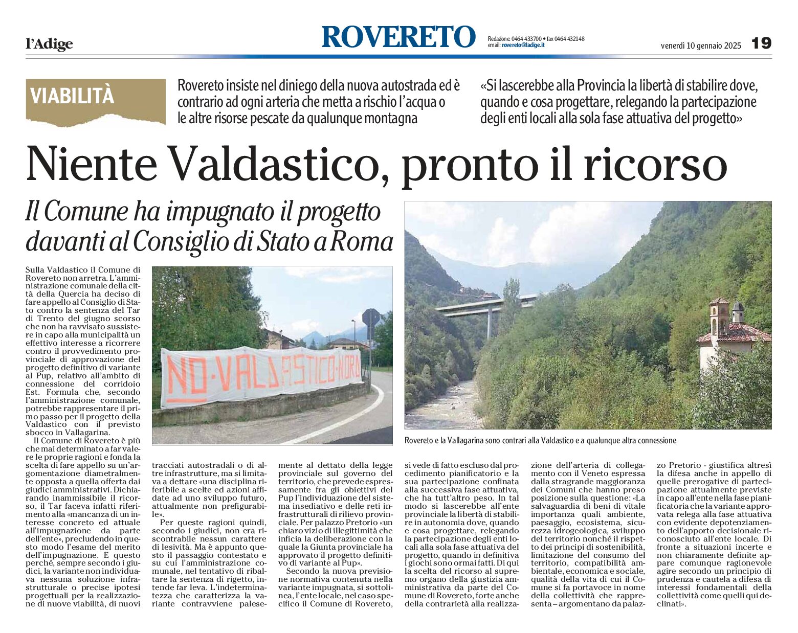 Rovereto: niente Valdastico, pronto il ricorso