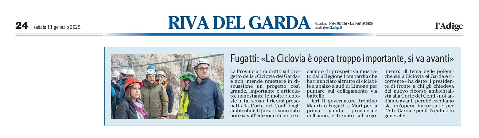 Ciclovia del Garda: Fugatti “opera troppo importante, si va avanti”