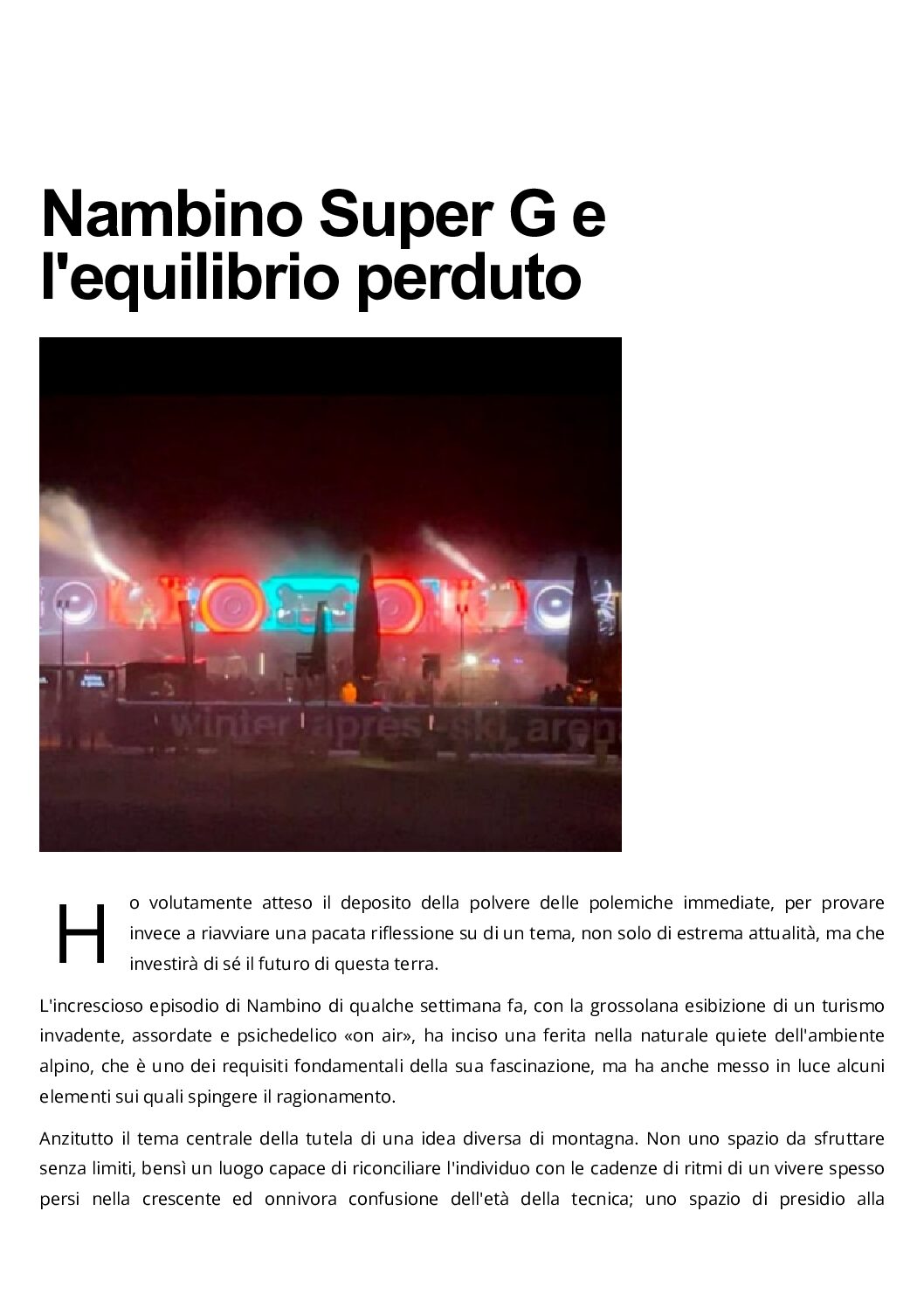 Nambino, Super G e l’equilibrio perduto. Lettera di Calzà