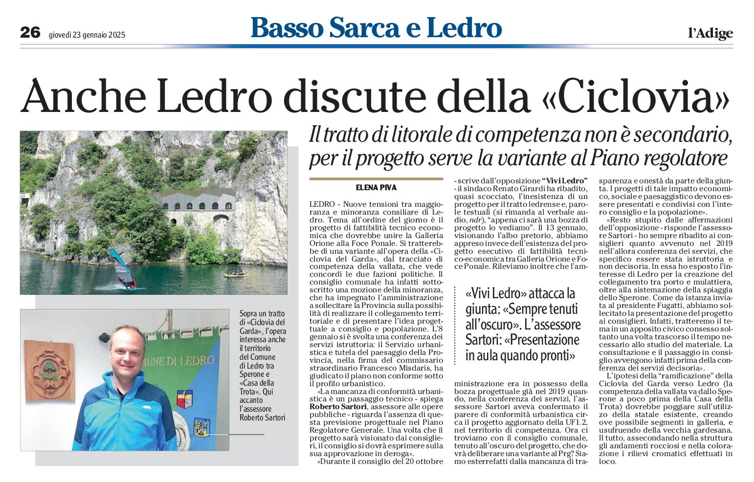 Ciclovia del Garda: anche Ledro ne discute e attacca la Giunta