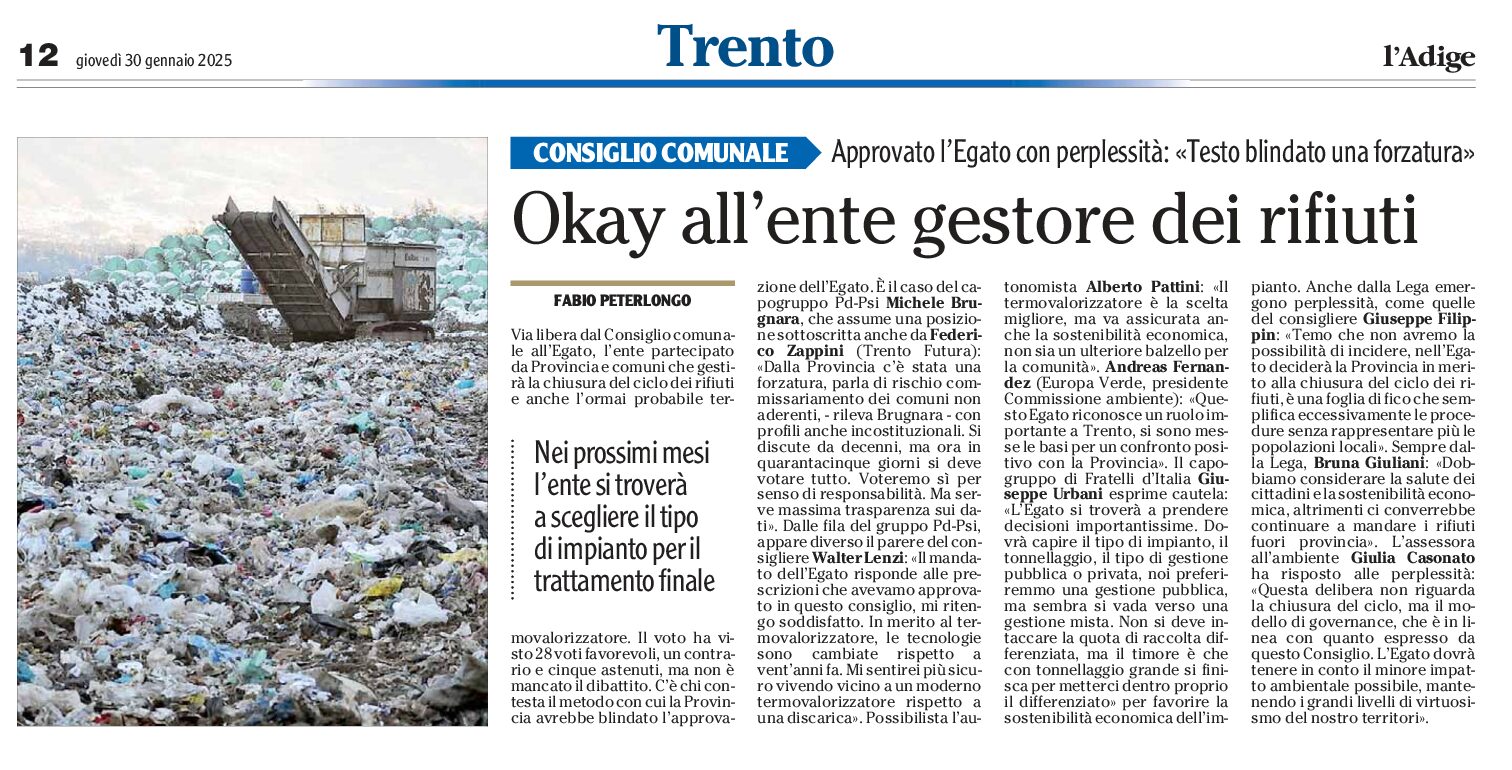 Trento – Approvato l’ente gestore dei rifiuti