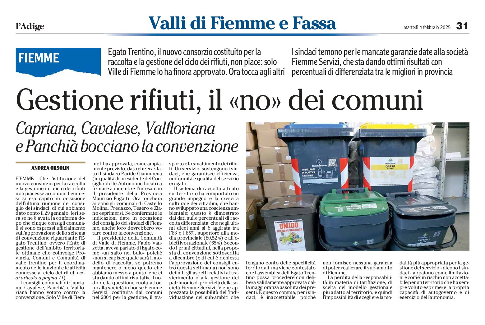 Grstione rifiuti: “no” dei comuni di Val di Fiemme