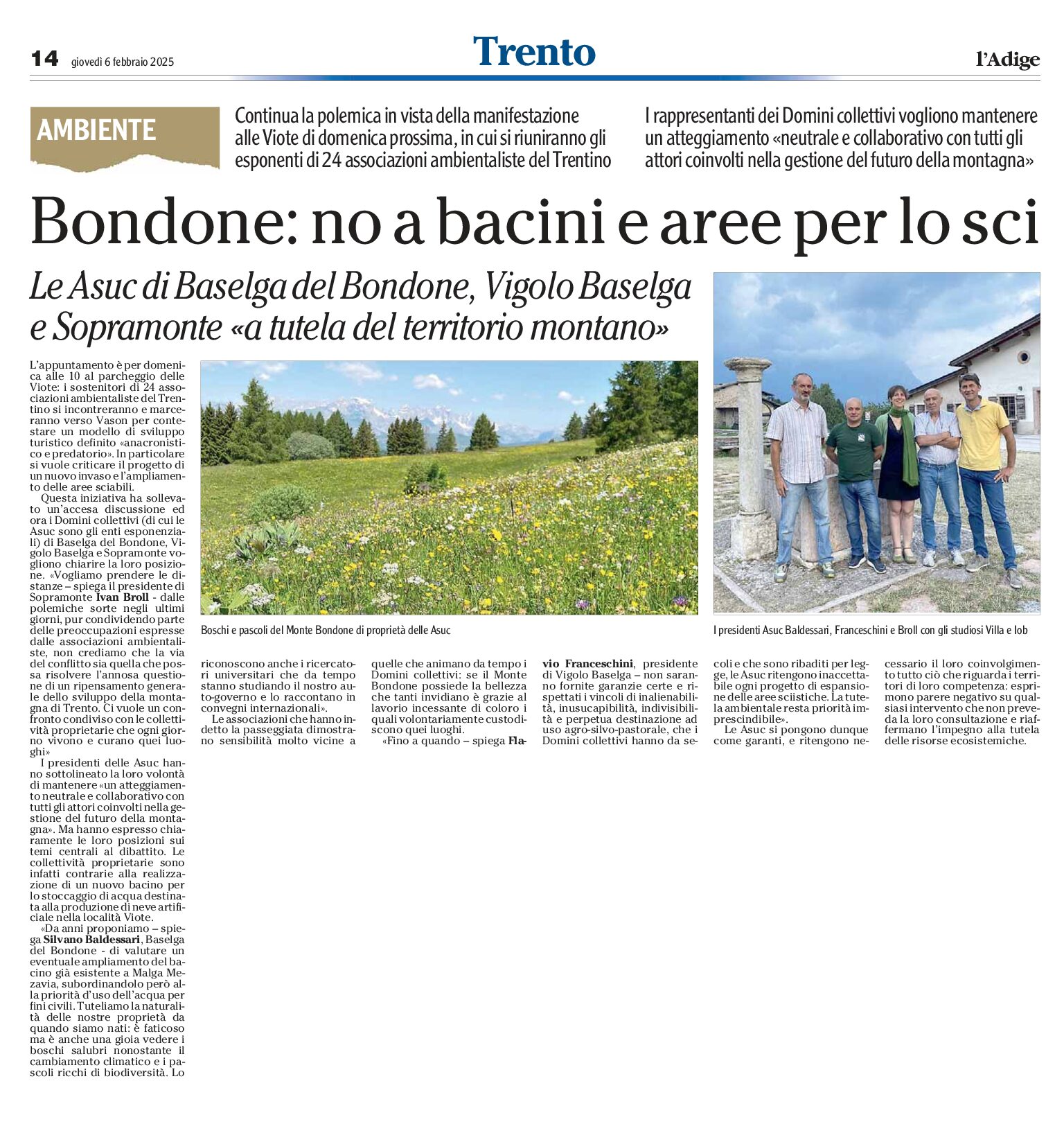 Bondone: no a bacini e aree per lo sci