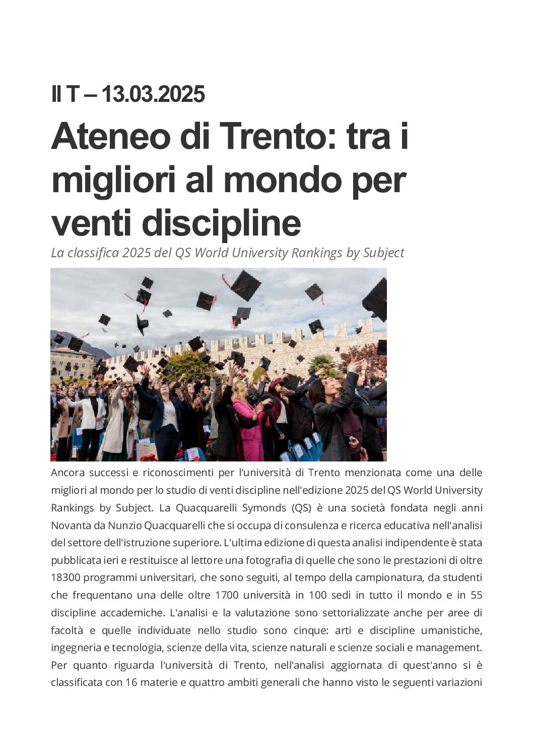 Ateneo di Trento, tra i migliori al mondo per venti discipline