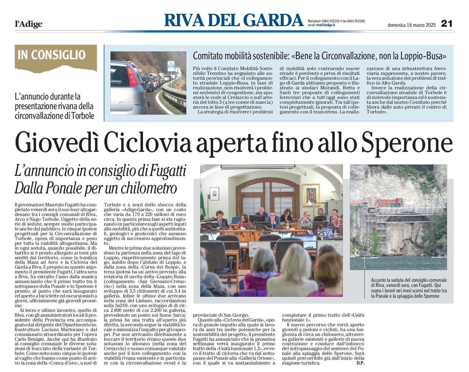 Ciclovia. Apertura tratto – Riva-Sperone