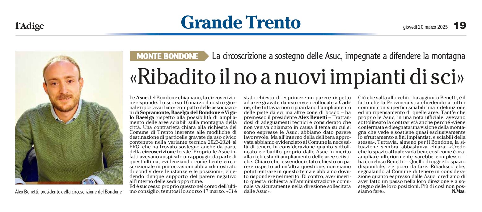 Asuc e circoscrizioni del Bondone: no a nuovi impianti sci