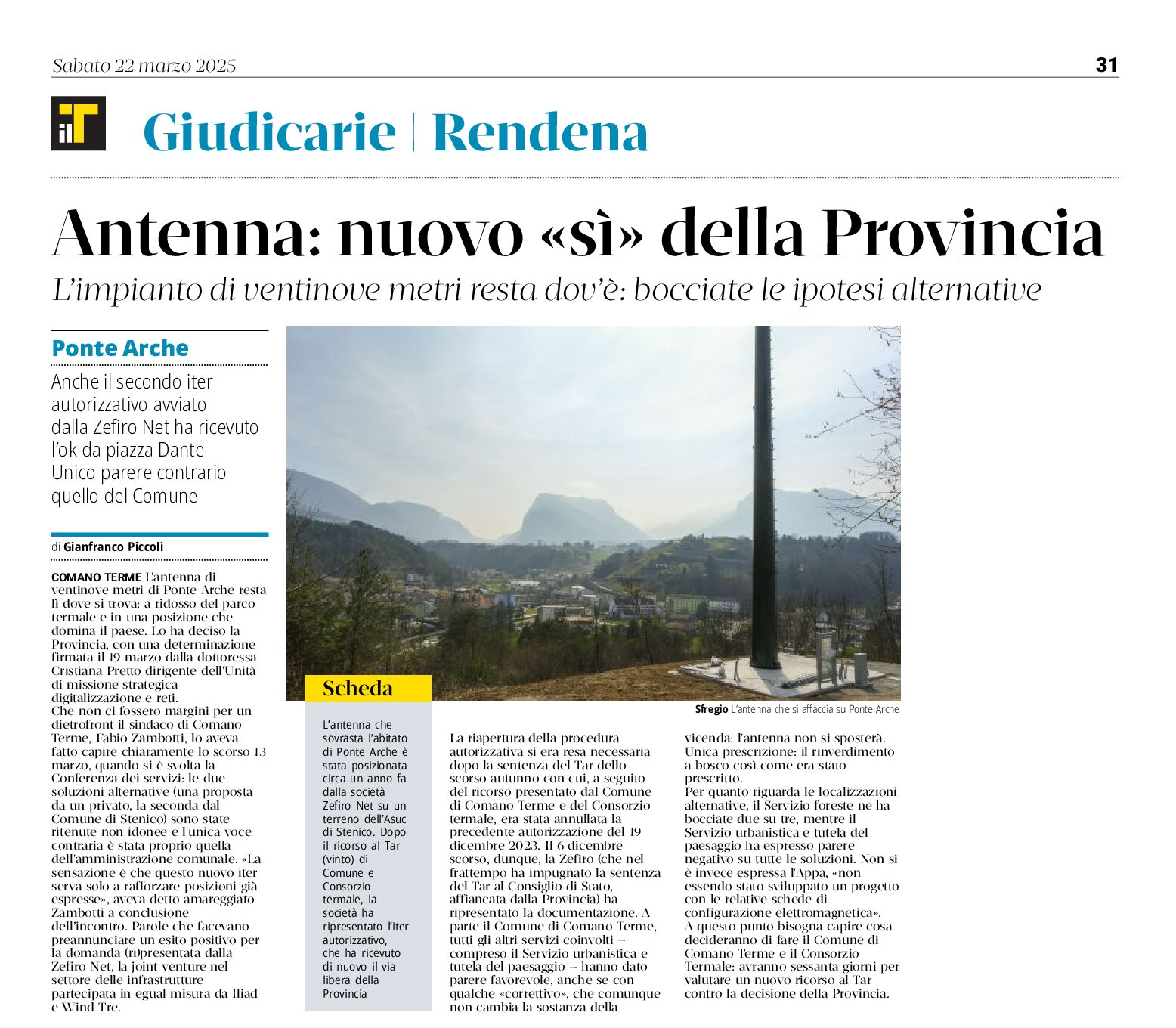 Antenna di Ponte Arche, nuovo sì della Provincia